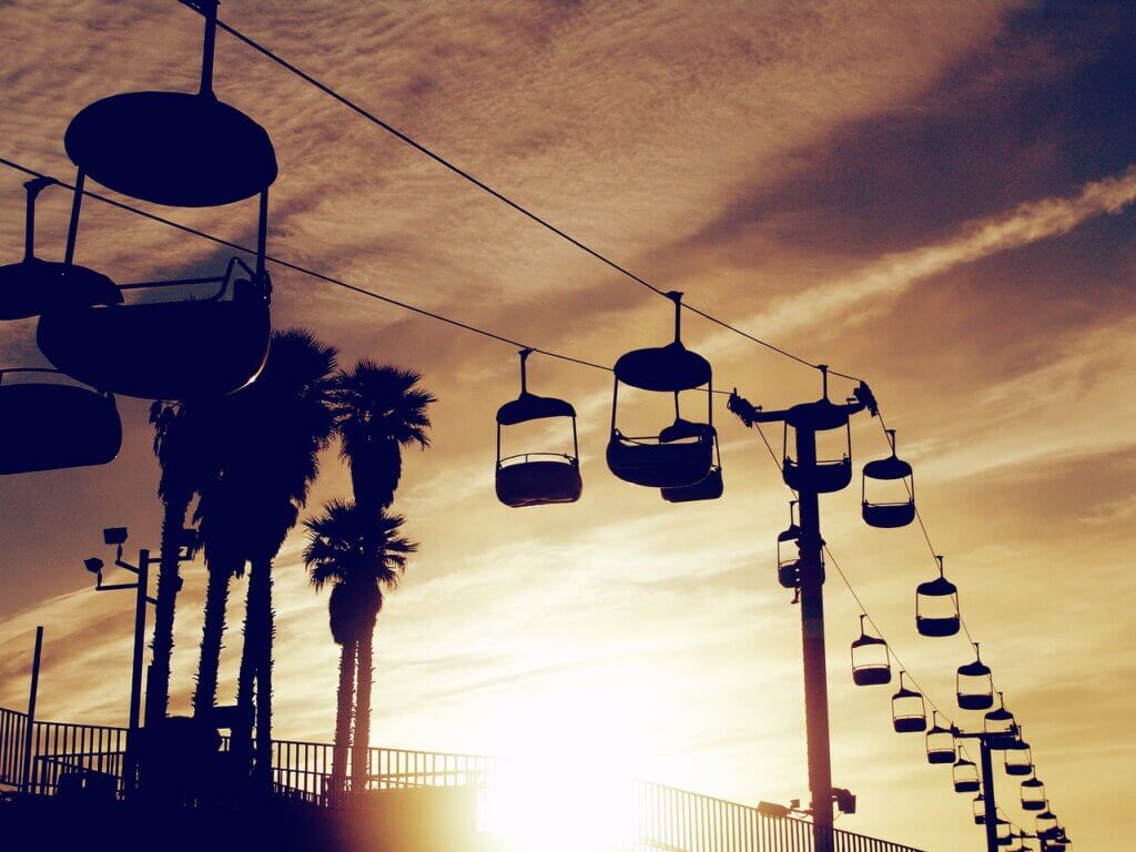 chairlift, nature, chair lift, lift, transportation, ropeway, teleferic, telfer, telpher, cable, sunset, sky, clouds, railing, palm trees, posts
